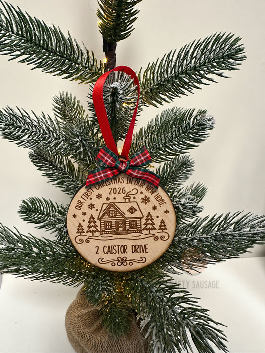 Personalised “Our First Christmas in Our New Home” Wooden Bauble — FSC Certified