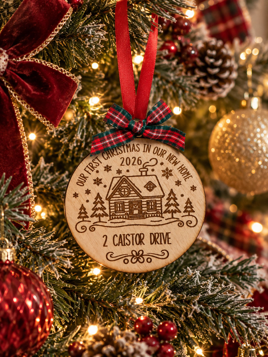 Personalised “Our First Christmas in Our New Home” Wooden Bauble — FSC Certified