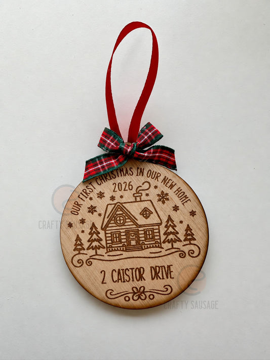 Personalised “Our First Christmas in Our New Home” Wooden Bauble — FSC Certified