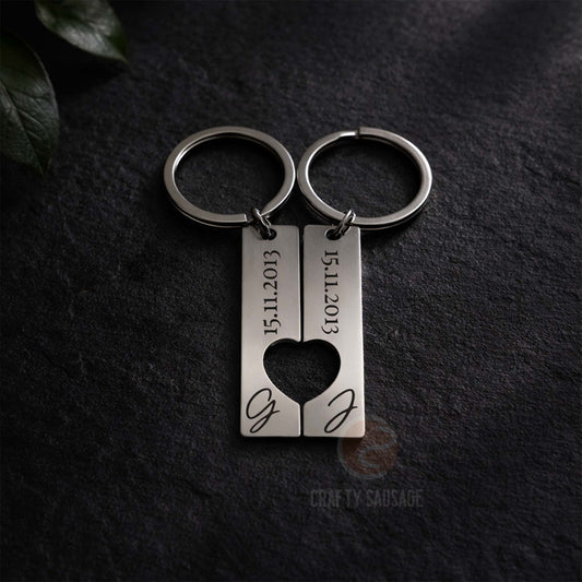 Personalised Split Heart Keyring Set – Engraved Date & Initials
