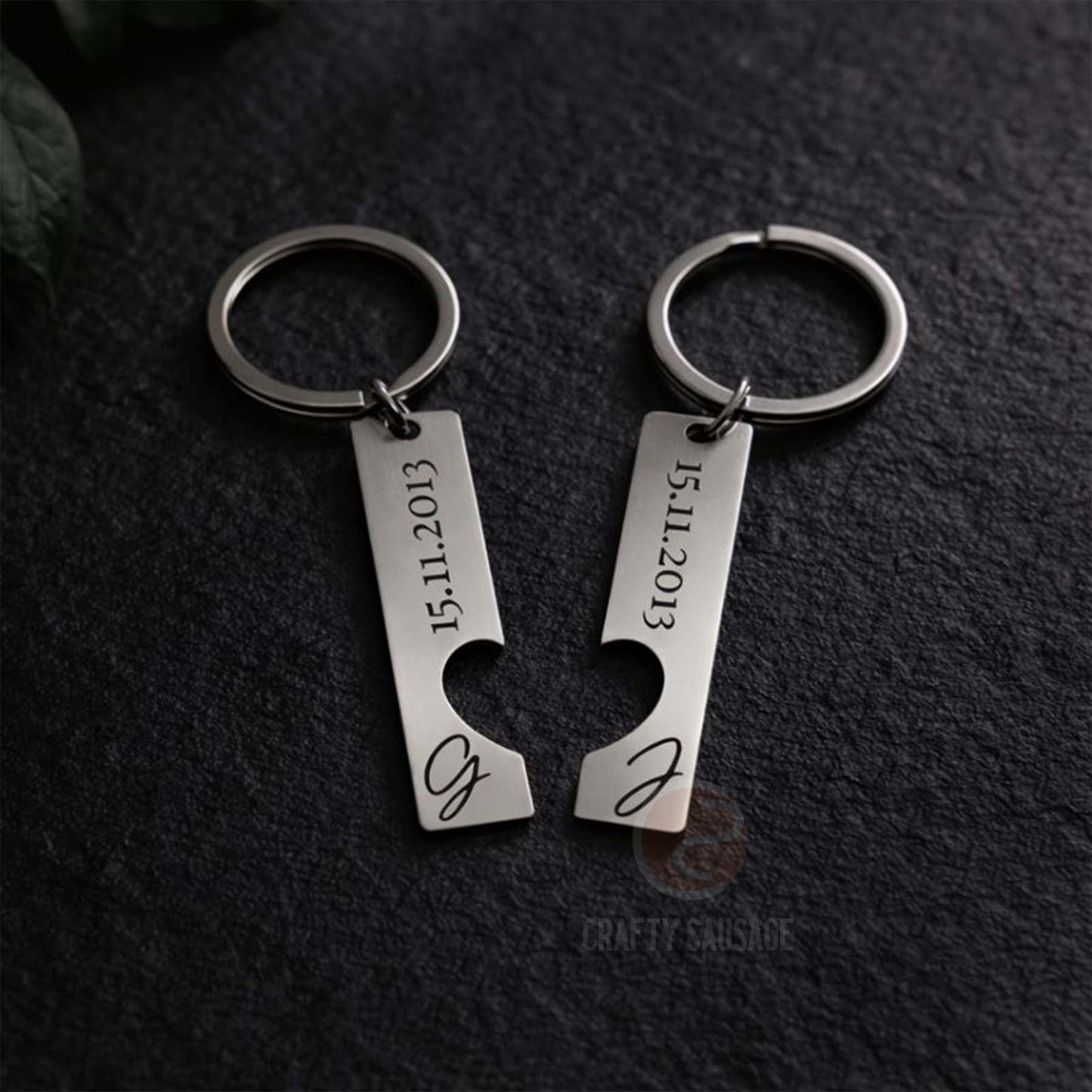 Personalised Split Heart Keyring Set – Engraved Date & Initials